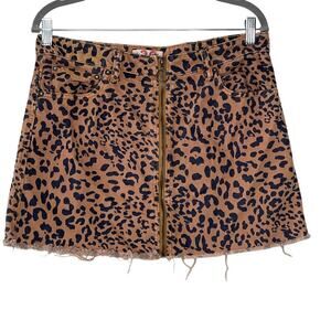 Free People Zip It Up‎ Leopard Animal Print Mini Zipper Denim Skirt Size 30